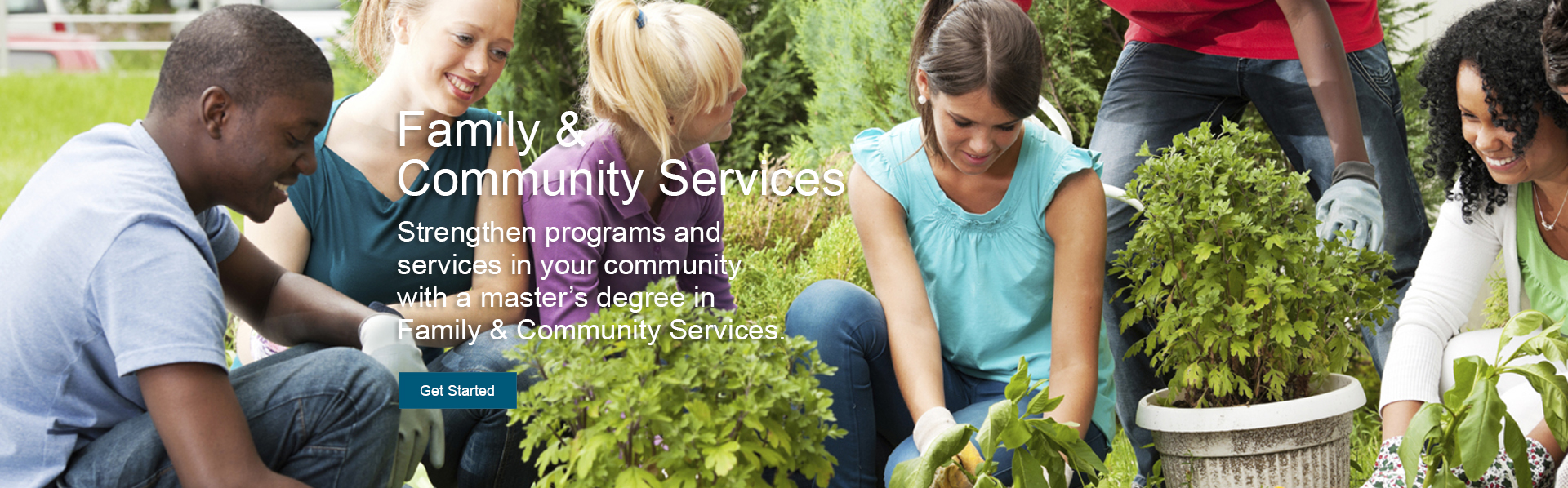 A small group of young people work at a community garden. The Family and Community Services online master's degree helps students strengthen programs and services in their community.