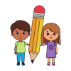 Cartoon drawing of a boy and girl holding an over-sized pencil
