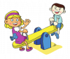 Cartoon drawing of a girl and boy smiling from a teeter totter