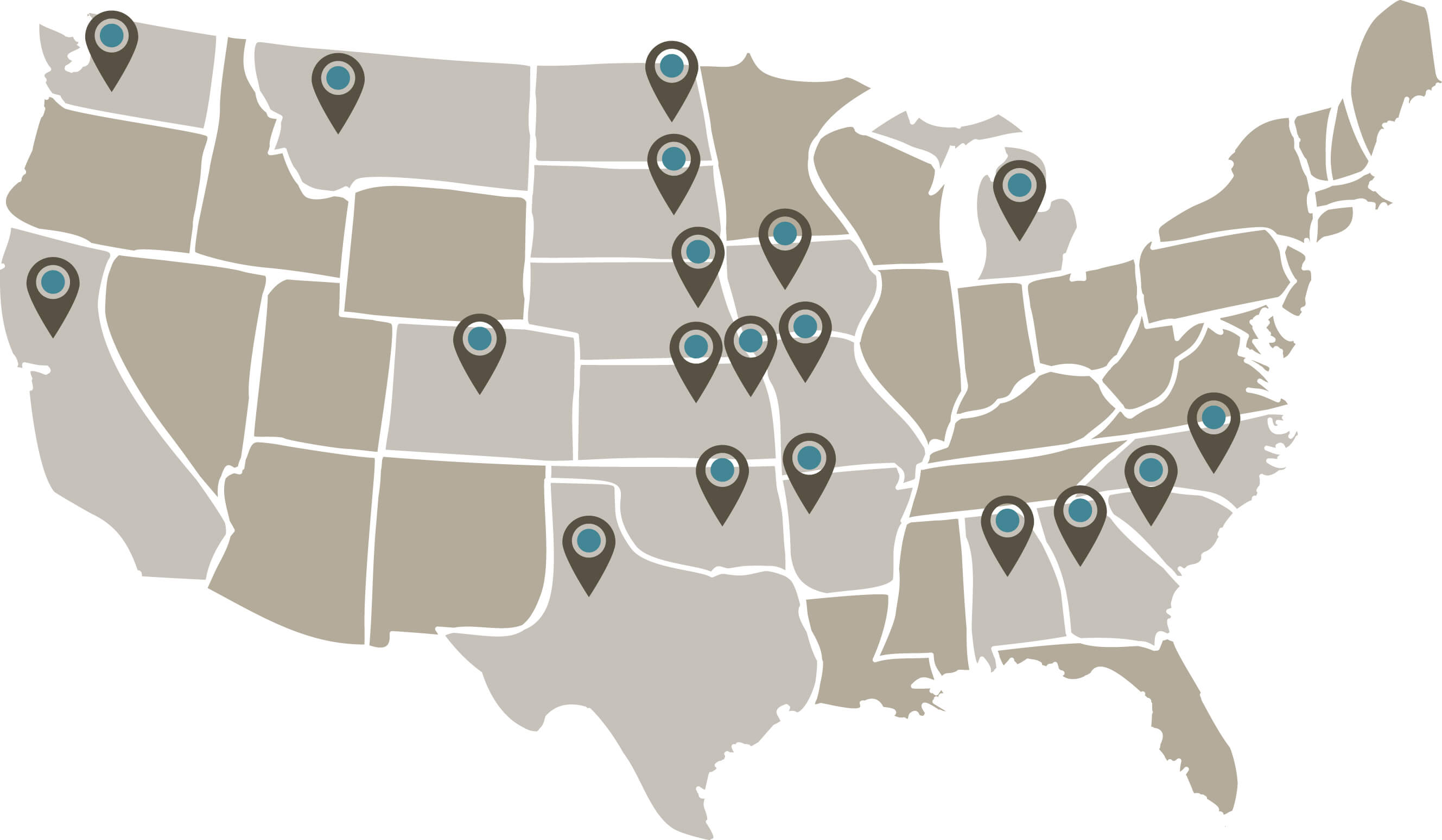 Map of the United States with pin points on the locations of member universities.